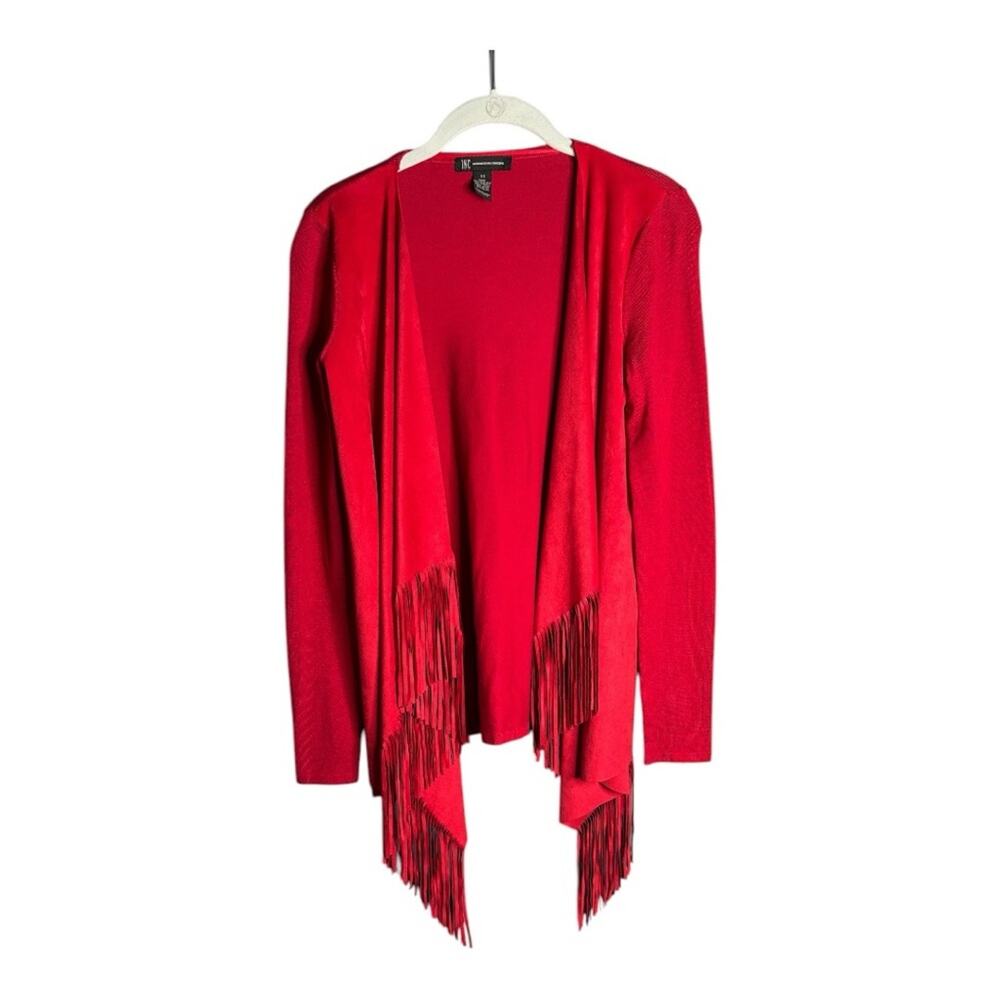 INC Red Faux Suede Open Front Cardigan With Fringe XS